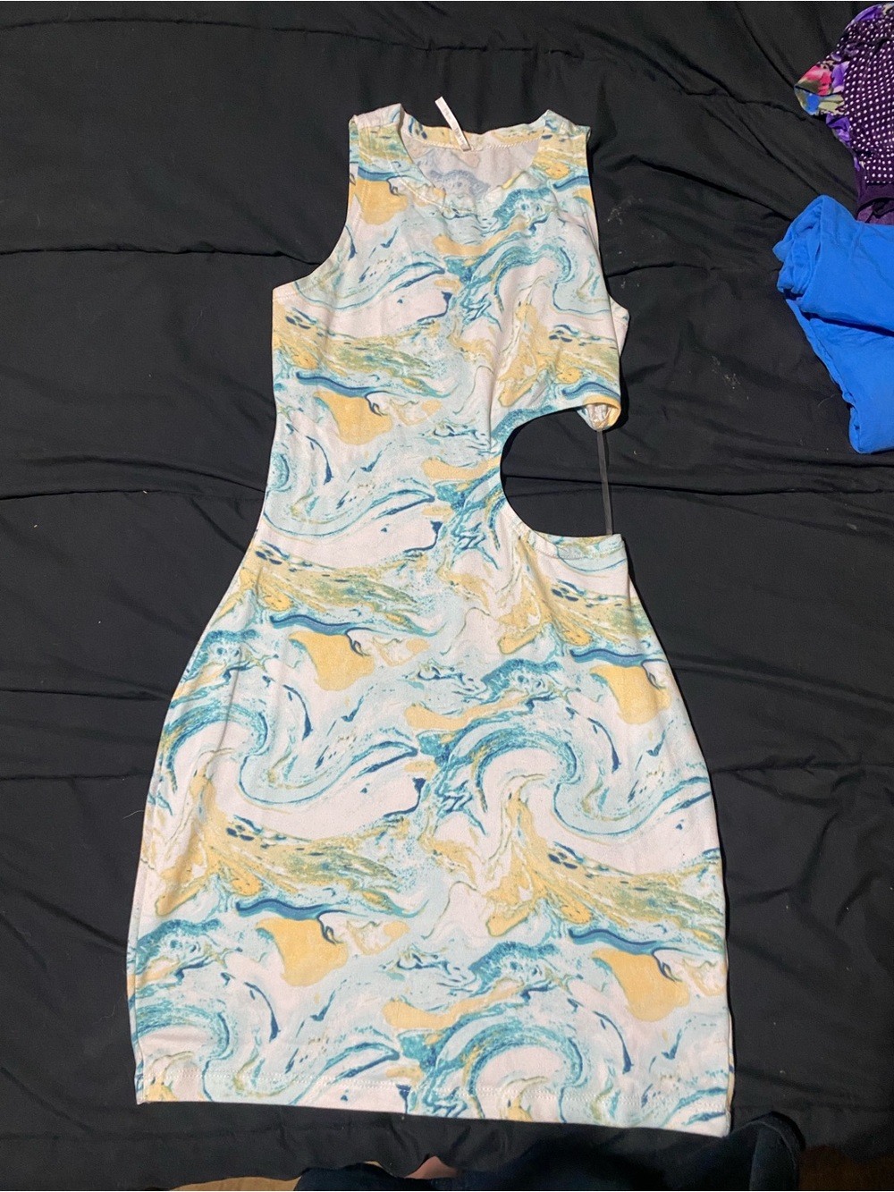 Sleeveless Marble Print Cutout Dress - White/Blue/Yellow
